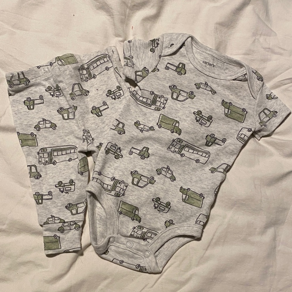 Carter's Gray and Green Baby Onesie Set with Vehicle Print